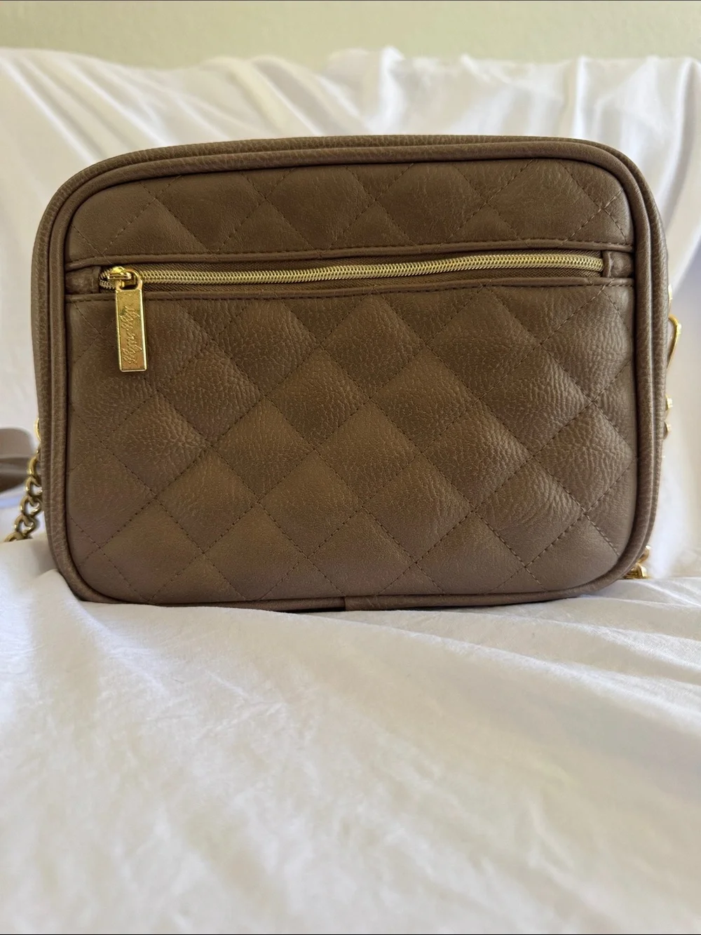 Itzy Ritzy Taupe Quilted Crossbody with Gold Plate